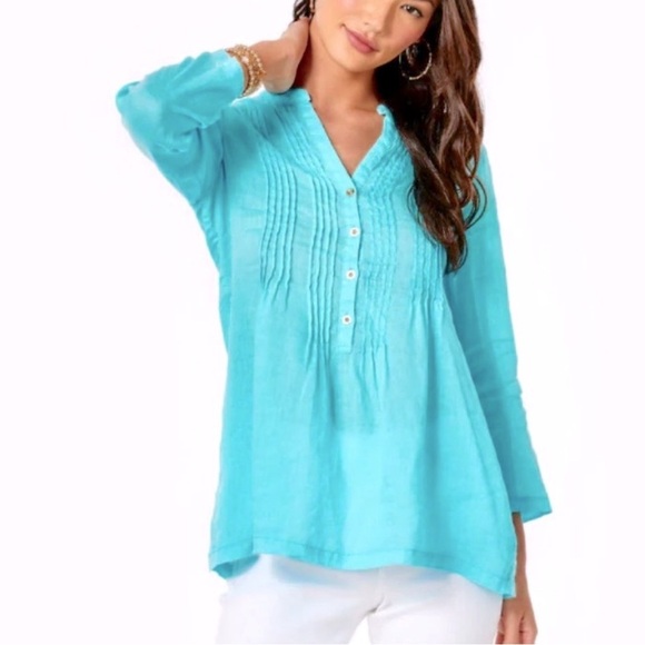 Lilly Pulitzer Blue 3/4 Sleeve Pleated Sarasota linen Tunic like new - Picture 1 of 5